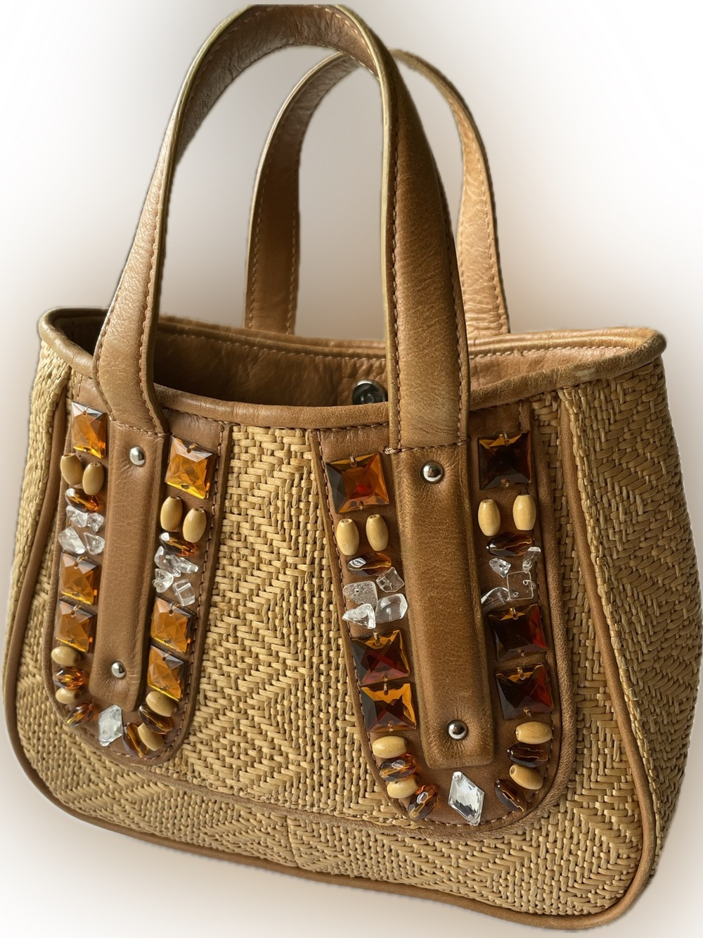 Cole Haan Tan Woven Straw Tote with Amber & Clear Gem Accents